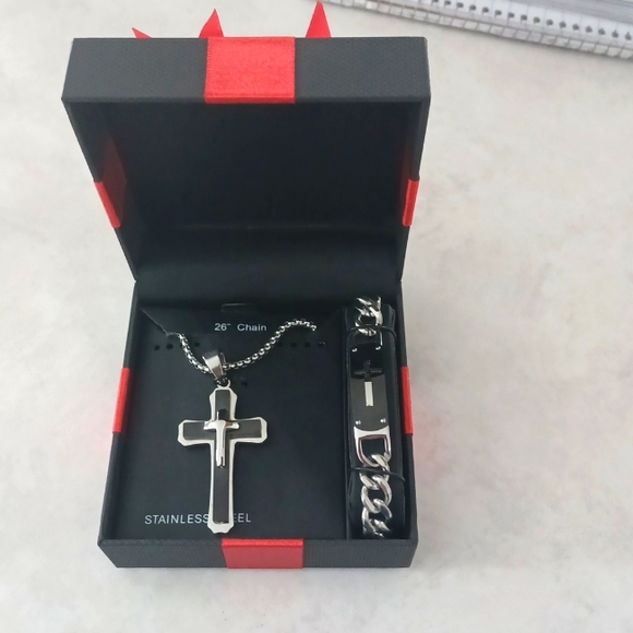 Mens Cross Jewelry Set Stainless Steel 